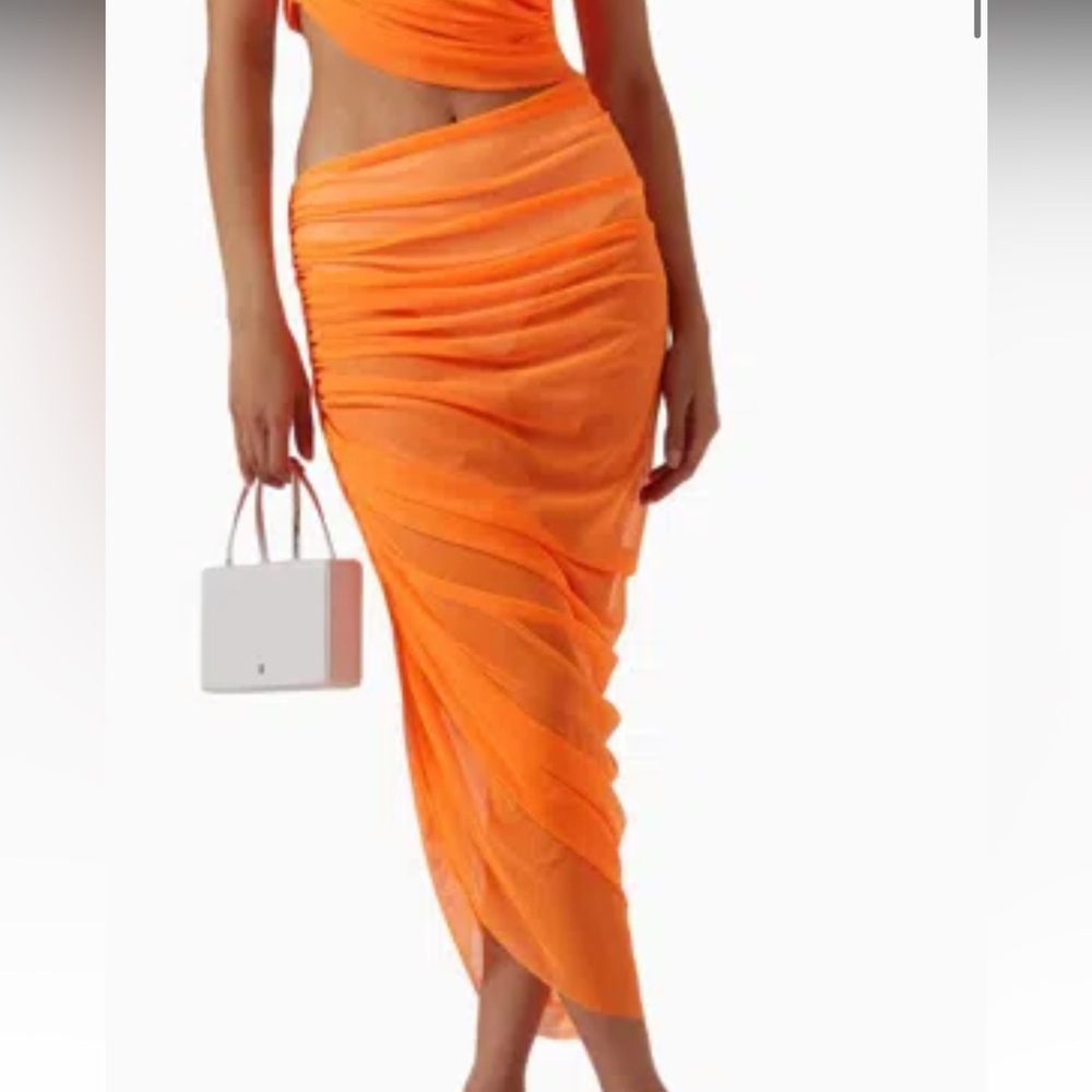 Norma Kamali Neon Orange DIANA Ruched Sheer Midi long Skirt